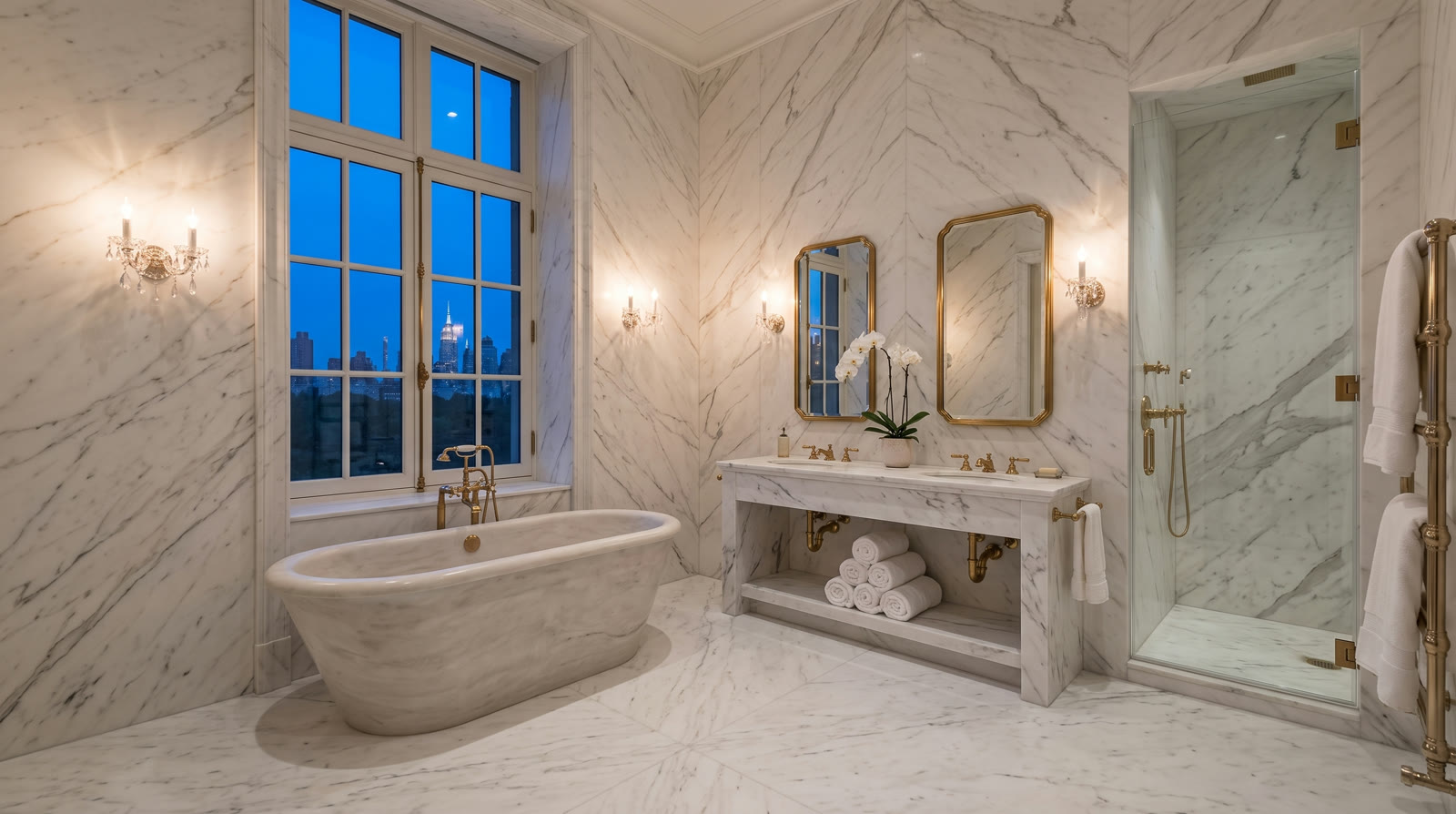 Primary bathroom in book-matched Calacatta marble with freestanding tub