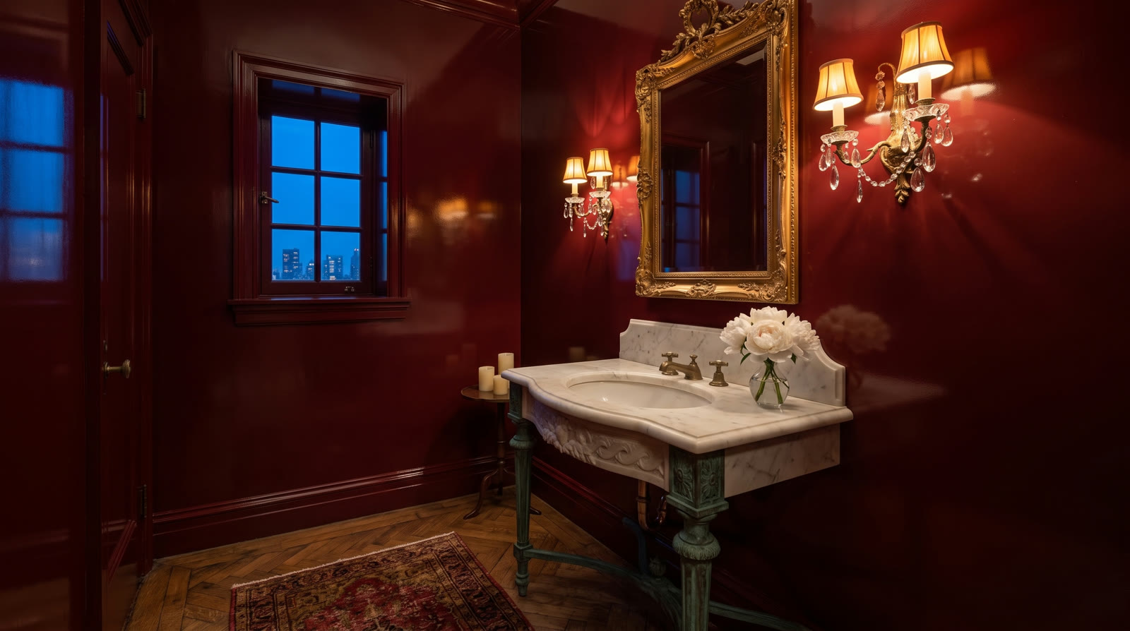 Oxblood lacquered powder room with antique marble basin and gilt mirror