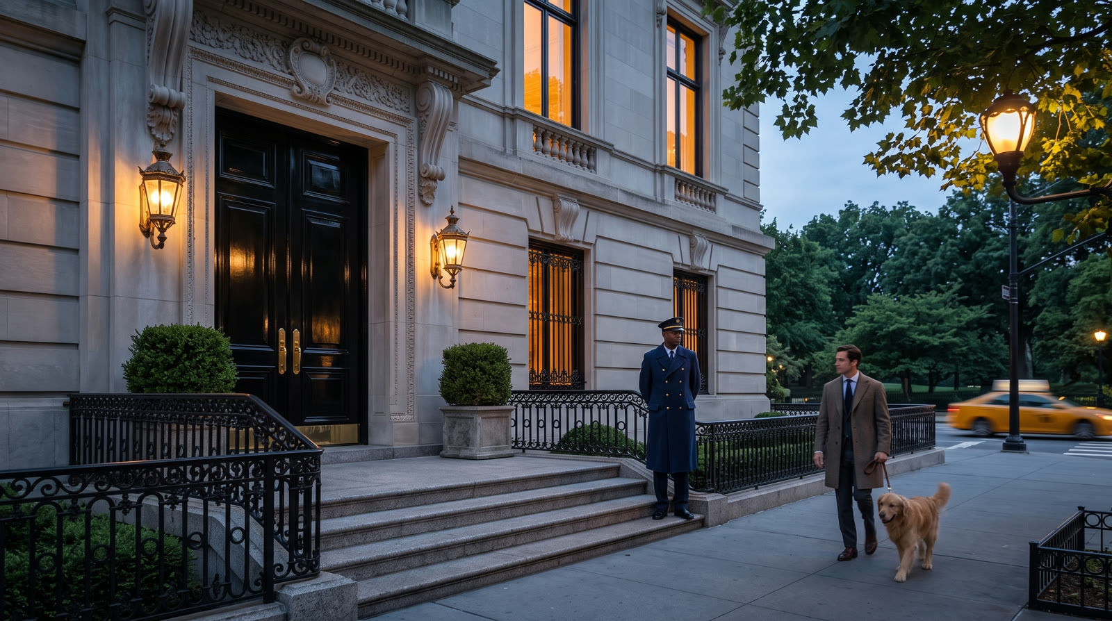 Street entrance at dusk with closed black door, doorman, and a man walking his golden retriever