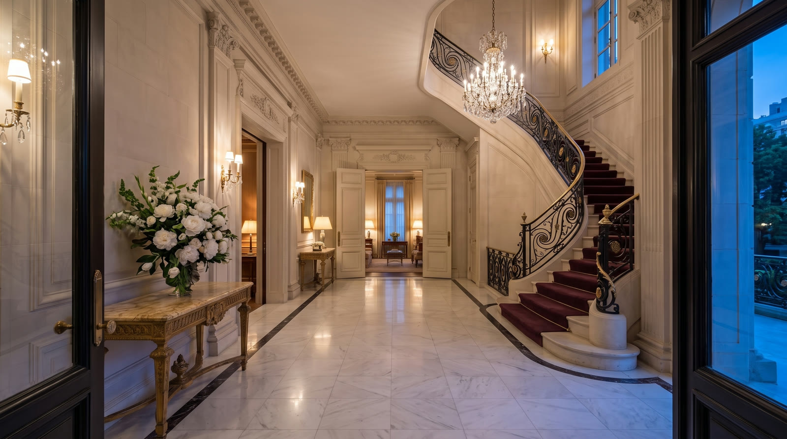 Marble entrance gallery with curved stair, burgundy runner and crystal chandelier