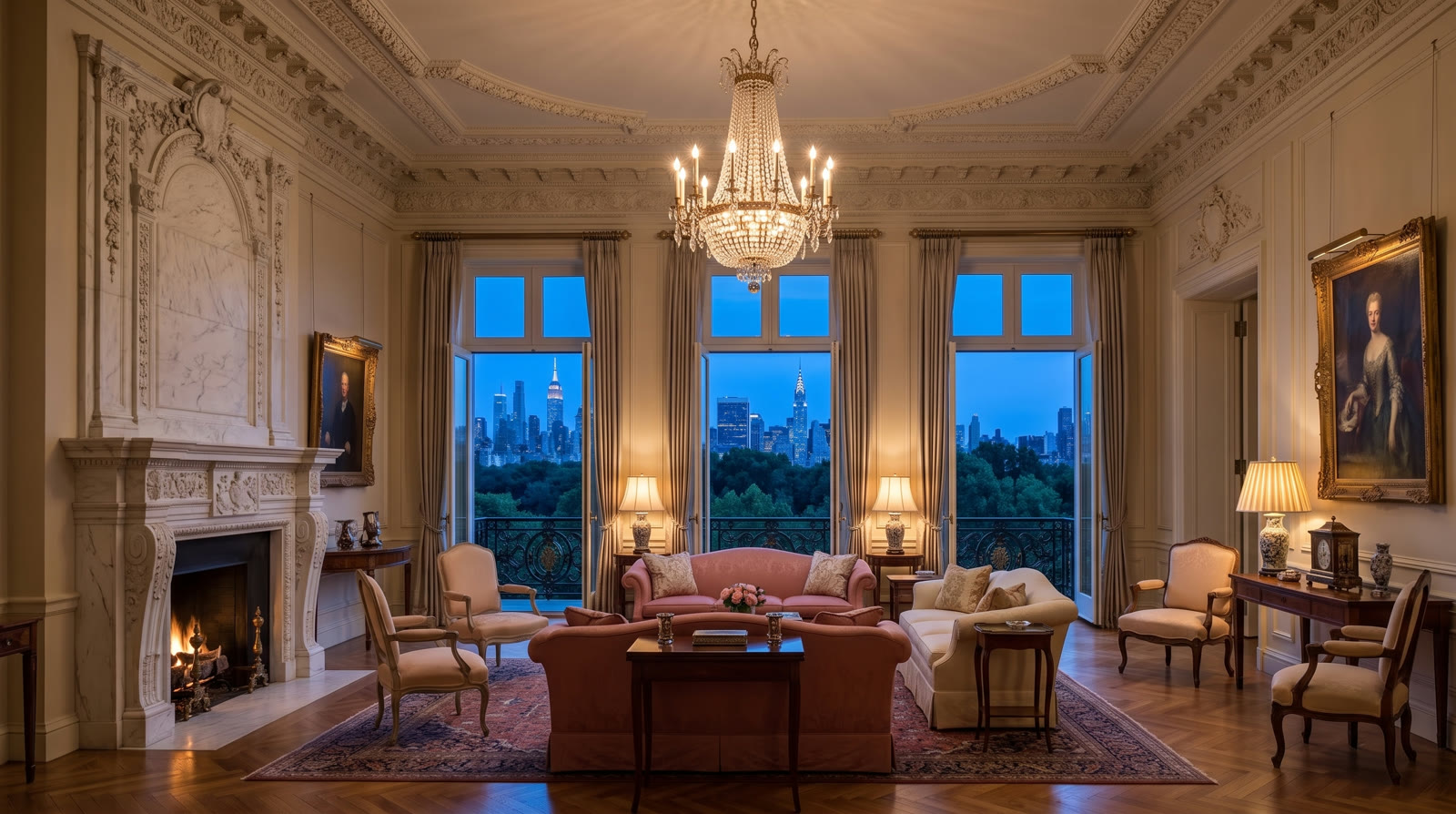 Parlor-floor salon with fireplace and French windows over Central Park at dusk