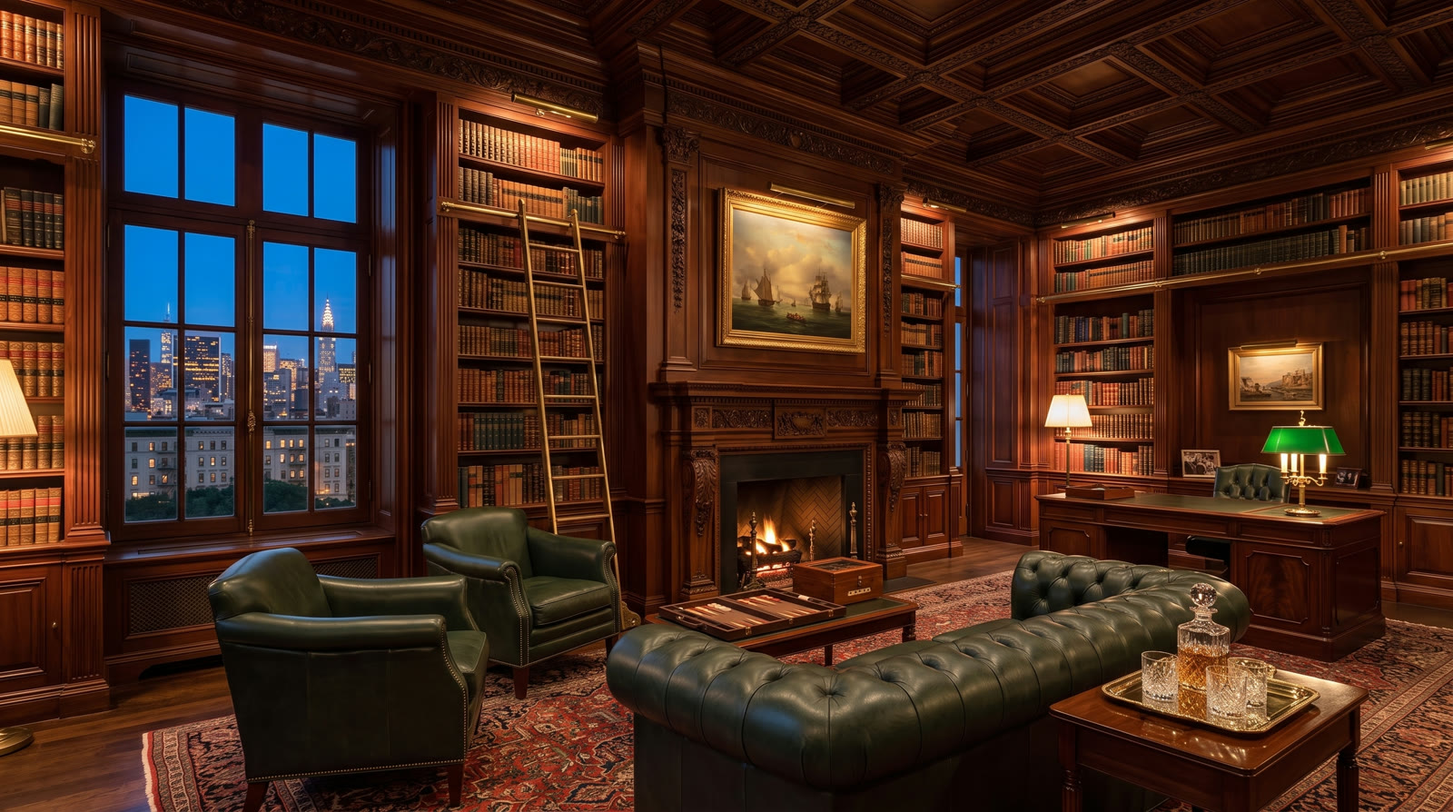 Mahogany library with coffered ceiling, brass ladder and fire