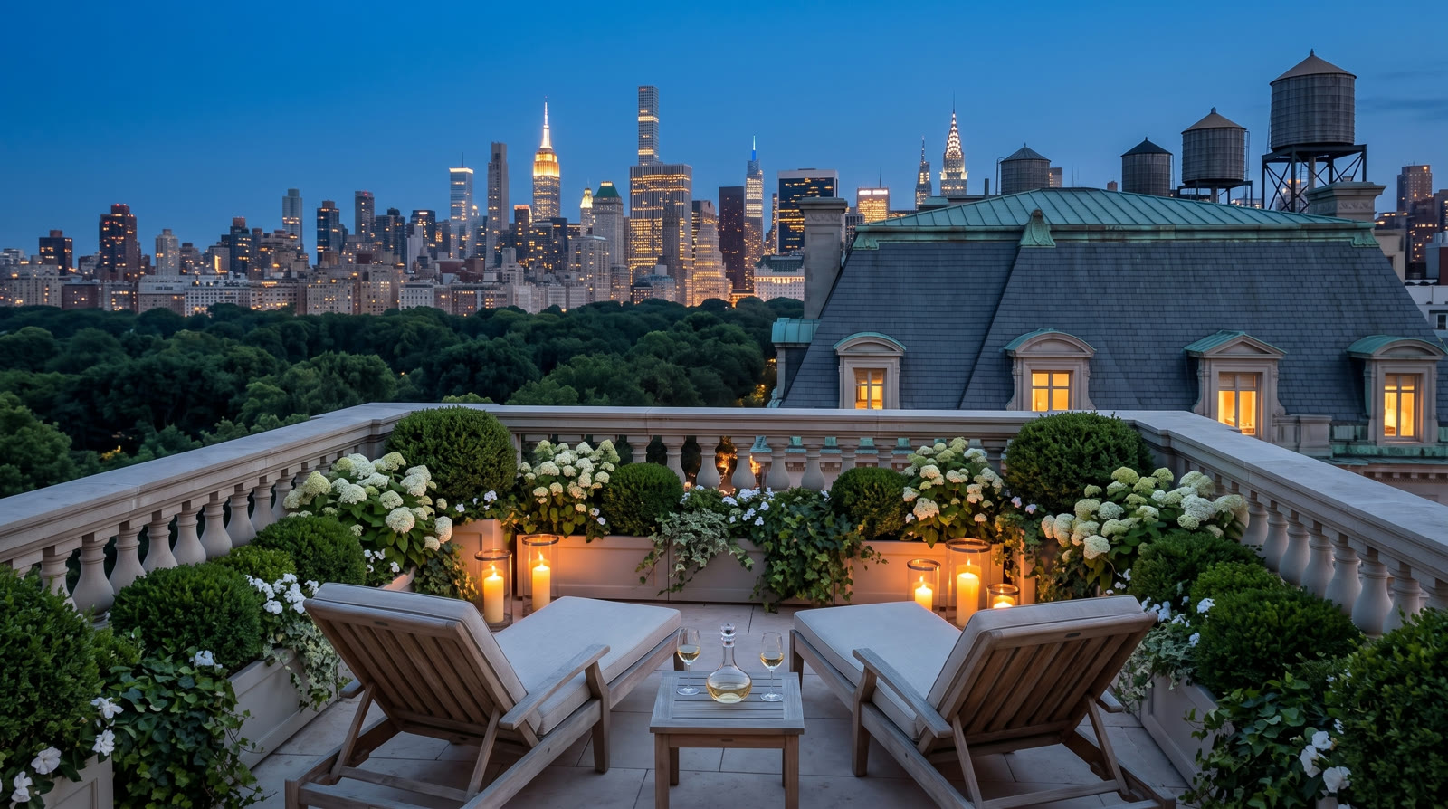 Planted roof terrace at blue hour with candles and the midtown skyline