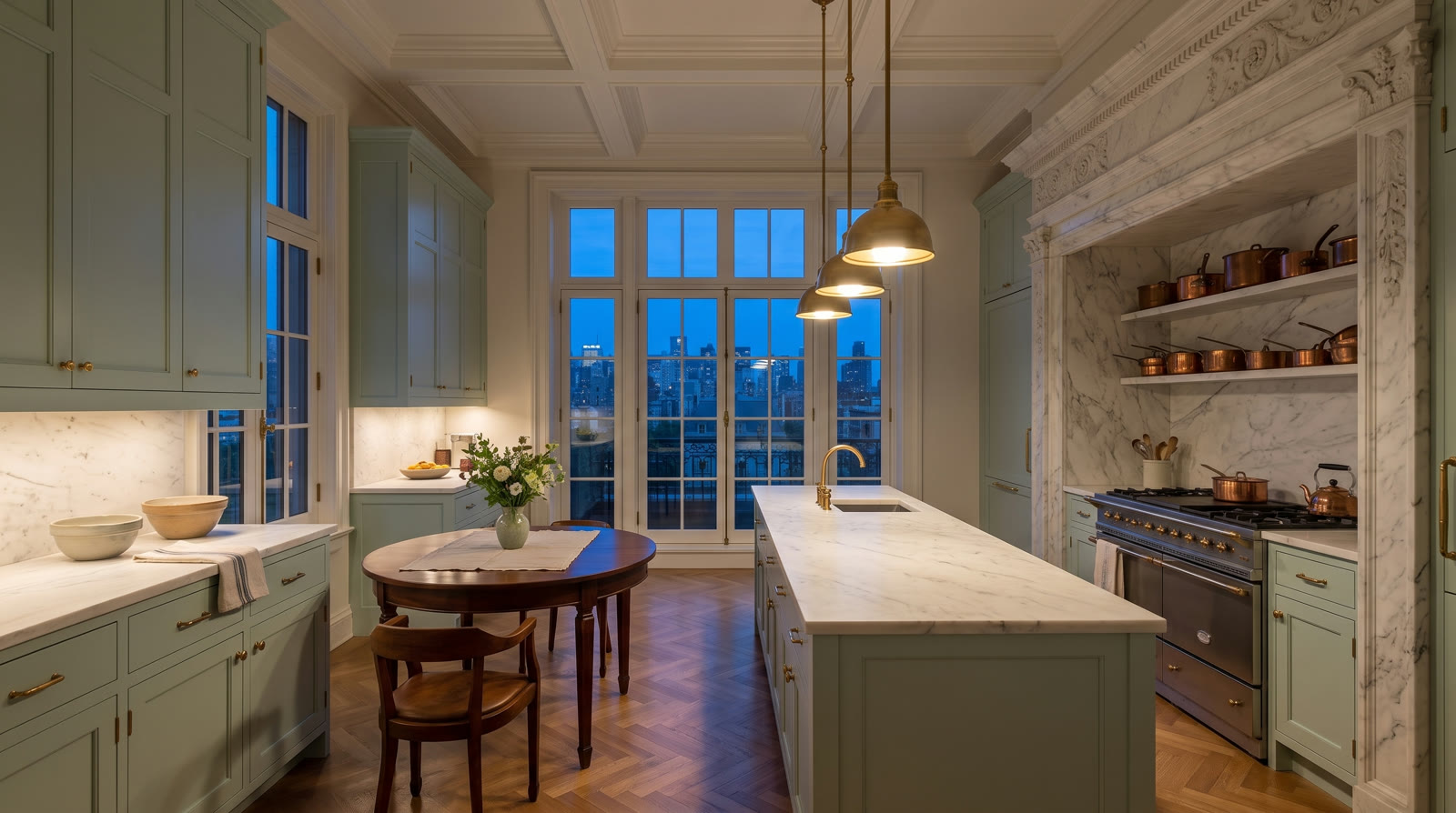 Eat-in kitchen with celadon cabinetry, marble island and copper pots at dusk