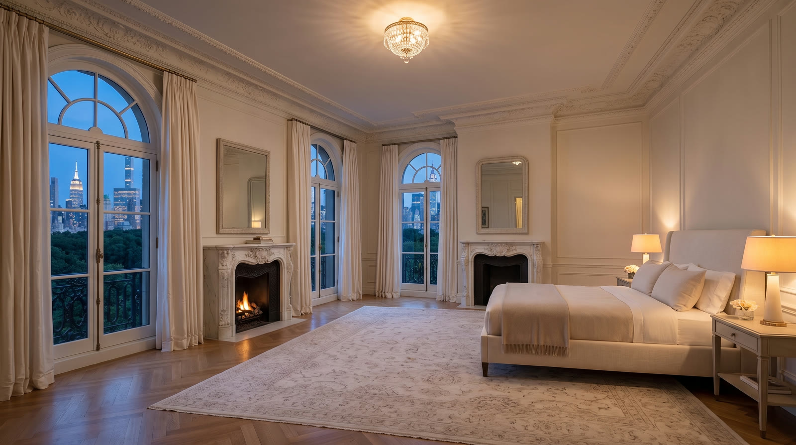 Primary bedroom with arched French windows over Central Park