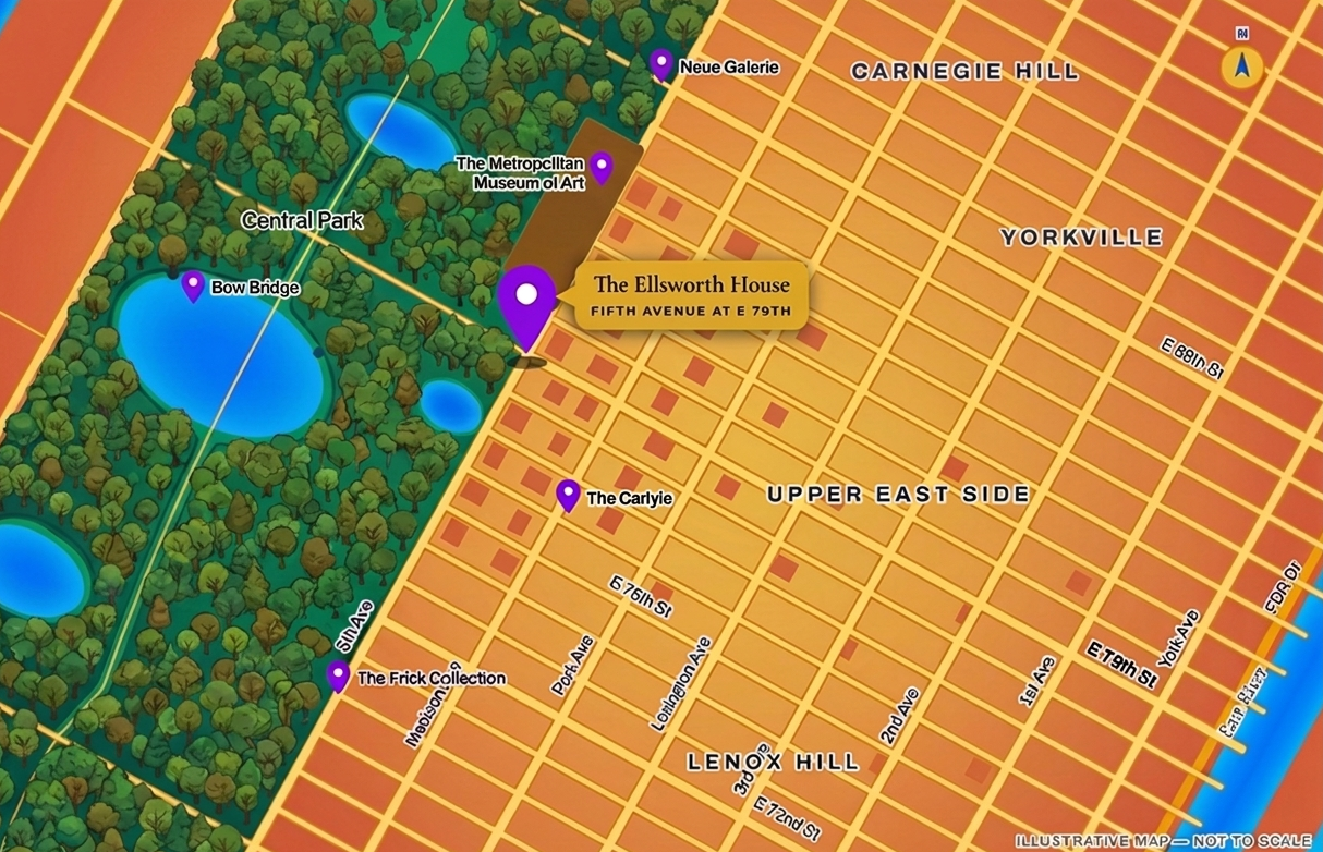 Illustrated map of the Upper East Side: Central Park with the Ellsworth House pin at Fifth Avenue and East 79th Street, with The Met, The Frick, The Carlyle, Neue Galerie and Bow Bridge marked